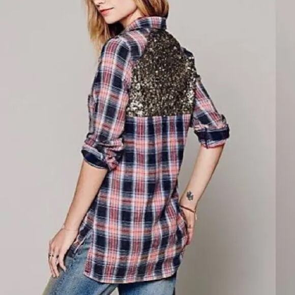 Free people little bit of sugar sequin plaid flannel button down shirt s… - Picture 1 of 6
